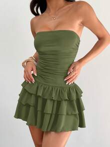 SHEIN EZwear 女士橄榄绿色针织抹胸连衣裙 - 軍綠色 - 查看 5