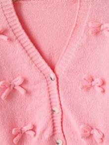 SHEIN Elladie kids 女孩休闲时尚可爱柔软简约优雅 3D 蝴蝶结长袖短款开衫毛衣，适合居家、日常穿着、上学、外出、派对、秋冬 - 粉色 - 查看 5