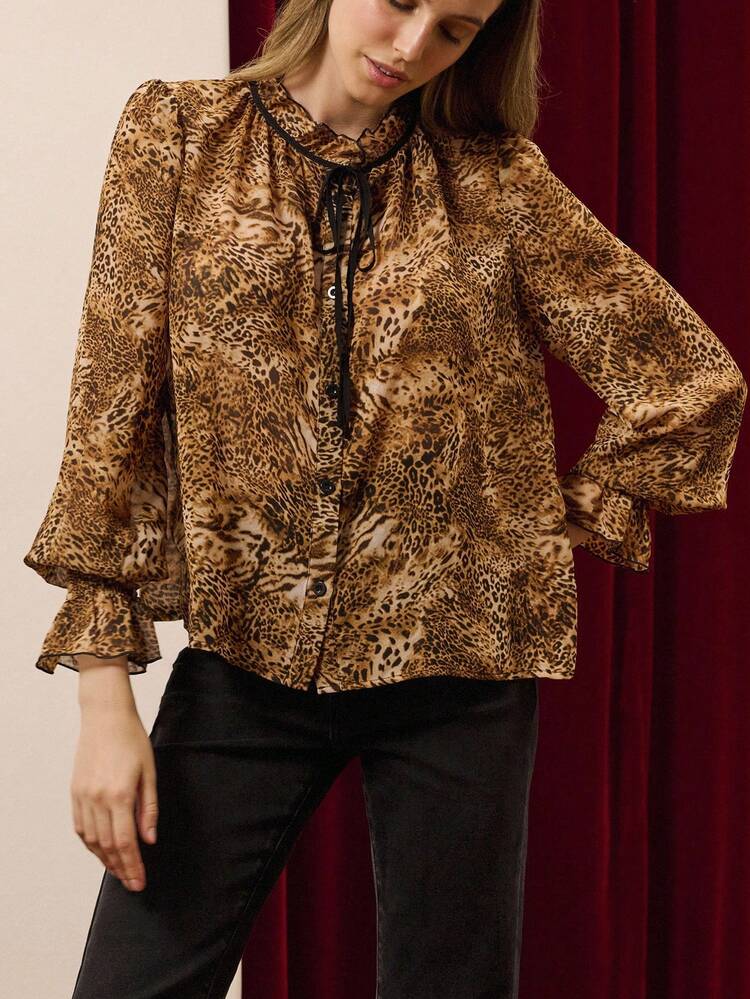 Leopard Print Long Sleeve Blouse With Black Tie Neck And Ruffle Cuffs Fall Women Autumn Fall Women Spring Summer Office Top Business Casual Top Party Top New Year Party