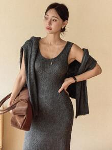 Dazy-Less Set de 2 piezas de suéter y vestido de suéter casual con parches de lentejuelas para mujer, otoño/invierno - Gris - Ver 5