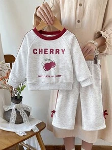 SHEIN 2pcs/Set 6Months-3Years Baby Fall For Girl Casual Style Suit,Cherry-Priting Basic Top&Long Pants Cherry Baby Clothes