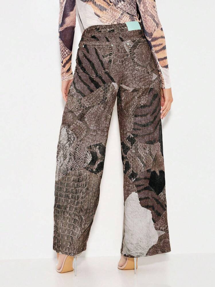KIZN Mixed Print Wide Leg Denim Jeans With Patchwork Design