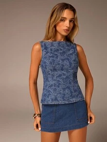 Avantive Áo denim không tay họa tiết jacquard màu xanh dương dành cho nữ, áo nữ dự tiệc, áo denim kiểu cao bồi, áo kiểu miền Tây, áo màu xanh hoàng gia dành cho nữ. - Màu xanh lam - Xem 4