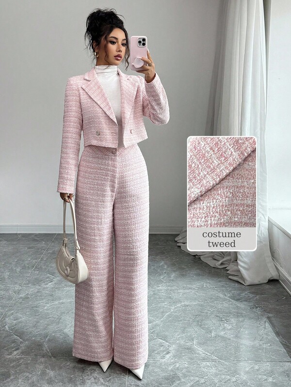 Modelyn Conjunto de 2 piezas de Mujer: Cárdigan de punto de tweed y pantalón de pierna recta, color rosa