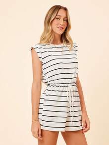 Coeurva 女式黑色背中空條紋連體褲 - 白色 - 查看 3