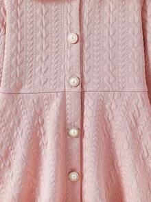 SHEIN Elladie kids 年轻女孩优雅粉色纹理面料腰部拼接白色仿毛领连衣裙，秋冬 - 藕粉色 - 查看 7