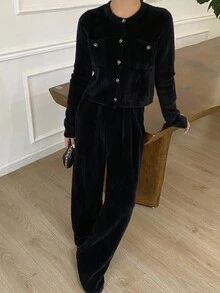 DAZY 2pcs Women's Cardigan Sweater Set With Front Button Long Sleeve Top And Pants