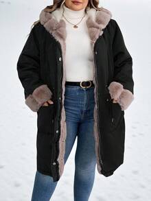 SHEIN CURVE+ Áo khoác mùa đông dài tay có khóa kéo phía trước, mũ trùm đầu giả nhiệt cỡ lớn cho nữ - Nhiều màu - Xem 4