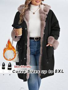 SHEIN CURVE+ Áo khoác mùa đông dài tay có khóa kéo phía trước, mũ trùm đầu giả nhiệt cỡ lớn cho nữ - Nhiều màu - Xem 10