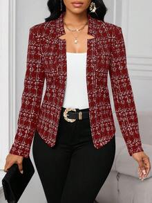 SHEIN Lady 2025新款女士优雅格纹印花开襟酒红色西装外套，适合秋冬季节穿着，圣诞节、感恩节、冬季、女士冬季外套、女士冬季大衣、女士正装。 - 酒紅色 - 查看 4