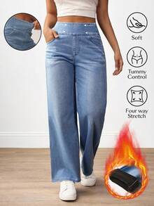 Flexra Plus Size Women High Waist Elastic Wide Leg Casual Jeans