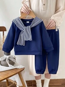 SHEIN 3 件套女婴幼儿新生儿 0-3 岁秋冬时尚百搭服装套装：可拆卸披肩 + 长袖圆领运动衫 + 裤子 - 藏蓝色 - 查看 1