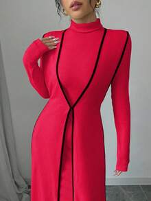Elenzga 2pcs/Set Women Knitted Ribbed Turtleneck Colorblock Long Dress - Red - View 5