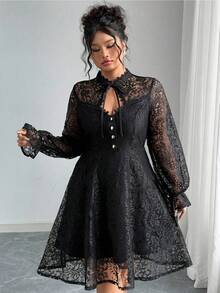 SHEIN Tall CURVE Đầm ren dài tay phong cách Pháp thanh lịch dành cho nữ cỡ lớn - màu đen - Xem 7