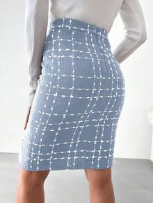 EURMUSE Plaid Pattern Split Hem Tweed Skirt - White - View 2