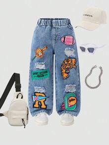 幼儿男童个性酷炫时尚街头纸浆印花多元素做旧松紧腰口袋牛仔裤 - 淺色水洗藍 - 查看 1