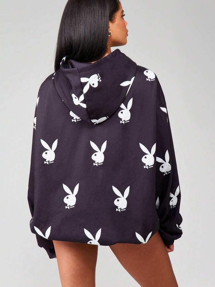 Missguided x Playboy Oversized Drawstring Hooded Mini Dress With All Over Print Design Holiday Winter Fall Party Casual Loungewear Streetwear Long Sleeve Pullover Mini Dress