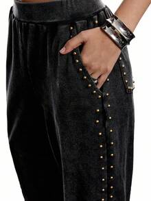 LYSMO 女式串珠装饰口袋休闲宽松运动裤 - 黑色 - 查看 8