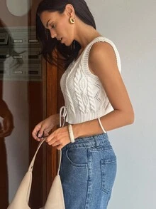 DAZY Chaleco de punto de cable con nudo delantero y corte cropped estilo Y2K para mujer - Beis - Ver 3