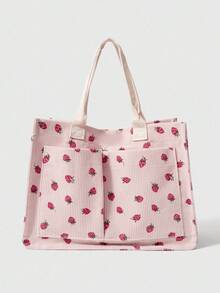 ROMWE Kawaii 休闲草莓全身印花大容量多口袋灯芯绒女士手提包，带磁扣和内袋，适合街头、海滩、日常通勤和可爱的草莓钱包情人节，学生手提包，多个隔层，非常适合海滩、学校、工作和日常使用 - 彩色 - 查看 2