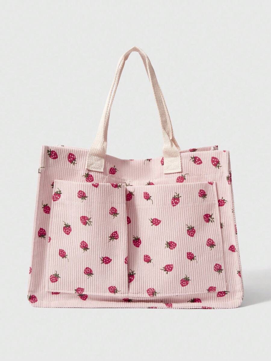 ROMWE Kawaii 休闲草莓全身印花大容量多口袋灯芯绒女士手提包，带磁扣和内袋，适合街头、海滩、日常通勤和可爱的草莓钱包情人节，学生手提包，多个隔层，非常适合海滩、学校、工作和日常使用