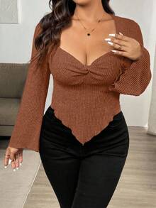 Vionelle Áo thun trơn màu trơn cỡ lớn, viền bất đối xứng, Thu/Đông - trái cam - Xem 4