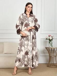 Al Najma Áo Kaftan rộng rãi cổ chữ V in hoa cổ điển dành cho nữ - Màu be - Xem 5