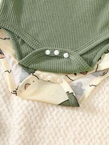 SHEIN 新生男宝宝杏色条纹卡通印花长袖连体衣搭配绿色泰迪熊刺绣连体衣，两件套，时尚个性，可爱秋季新款 - 彩色 - 查看 5