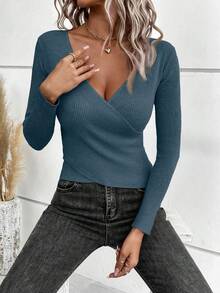 SHEIN Clasi 秋季休闲纯色交叉裹身毛衣 - 藍色 - 查看 6