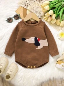SHEIN 1pc Blue Infant Bodysuit, Cute Puppy Jacquard Pattern, Round Neck Long Sleeve Baby Sweater Romper Brown Baby Clothes Goose Baby Outfit Woodland Baby Clothes Dachshund Baby Clothes Baby Boy Knitted Outfits Baby Knit Jumpsuit Baby Overalls Neutral Baby Clothes Baby Knit Jumpsuit Baby Sweater Romper Newborn Knitted Romper - Coffee Brown - View 1