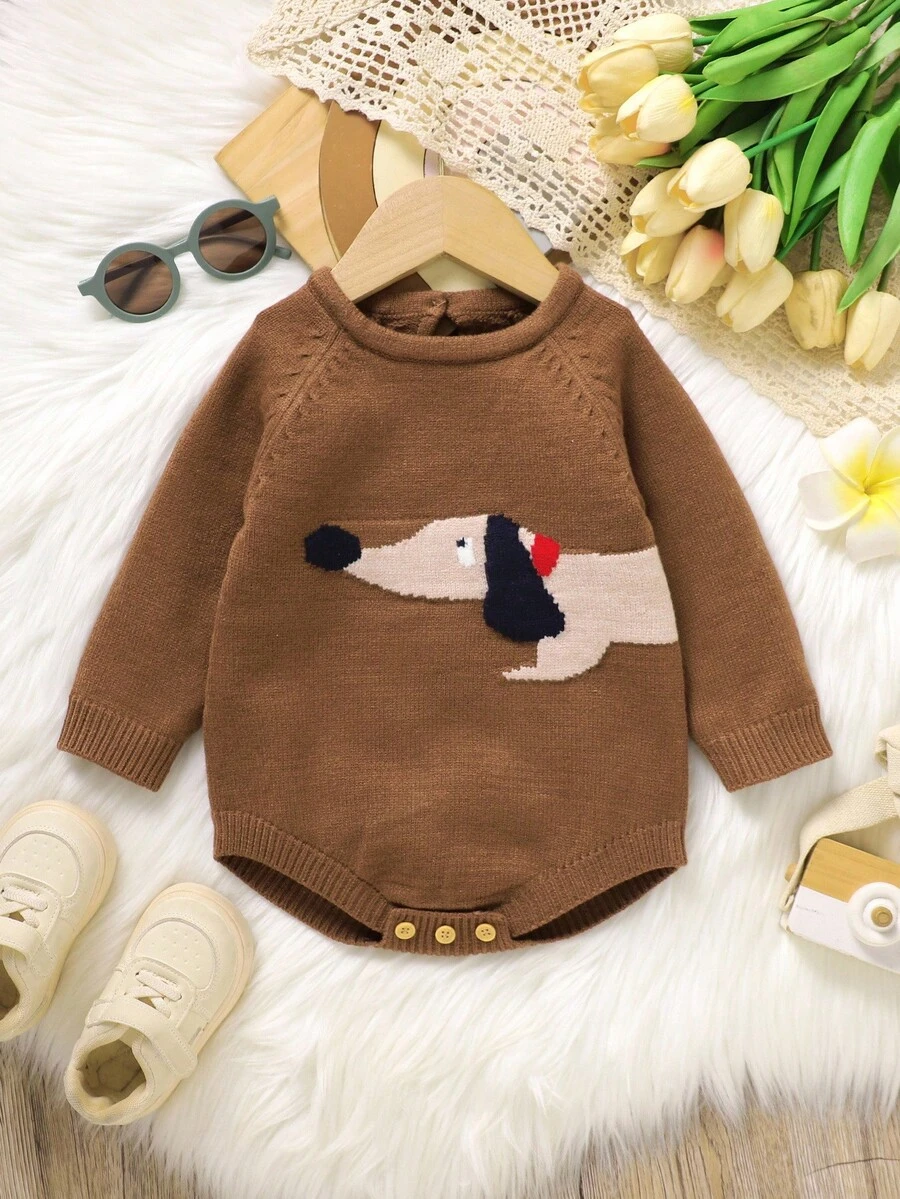SHEIN 1pc Blue Infant Bodysuit, Cute Puppy Jacquard Pattern, Round Neck Long Sleeve Baby Sweater Romper Brown Baby Clothes Goose Baby Outfit Woodland Baby Clothes Dachshund Baby Clothes Baby Boy Knitted Outfits Baby Knit Jumpsuit Baby Overalls Neutral Baby Clothes Baby Knit Jumpsuit Baby Sweater Romper Newborn Knitted Romper - Coffee Brown - View 1