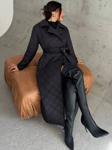 Firerie Women's Casual Everyday Commute Street Fashion Urban Chic Comfortable Turndown Collar Belt Double-Breasted Pocket Quilted Mid-Length Black Padded Coat, Autumn Winter Clothes For Women,Women's Winter Clothes - Black - View 9