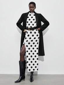 Maija Váy len xẻ tà cao cổ đứng họa tiết chấm bi 2025 - Đen và trắng - Xem 3