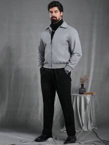 Manfinity Homme 男士秋冬华夫格针织开衫，翻领宽松休闲夹克，灰色百搭上衣 - 灰色 - 查看 3