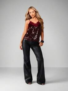 MISSGUIDED Áo hai dây đính sequin thanh lịch với viền ren, chất liệu nhung, thích hợp cho các buổi tiệc tối, lễ hội mùa đông thu. - Màu Đỏ Sâu - Xem 3