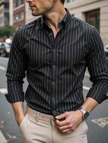 Calvornis 男士条纹长袖衬衫，成熟休闲上衣，男士礼物，秋季款 - 黑色 - 查看 4