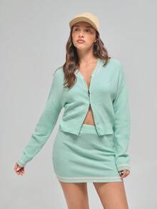 Menodora SHEIN Sport Women Solid Color Zip-Up Long Sleeve Top And Striped Print Skirt Sweater 2 Pieces Set Autumn Winter Clothes For Women - Green - View 6