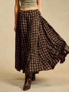 Easelle 女士棕色格子休闲长裙 - 摩卡棕 - 查看 1