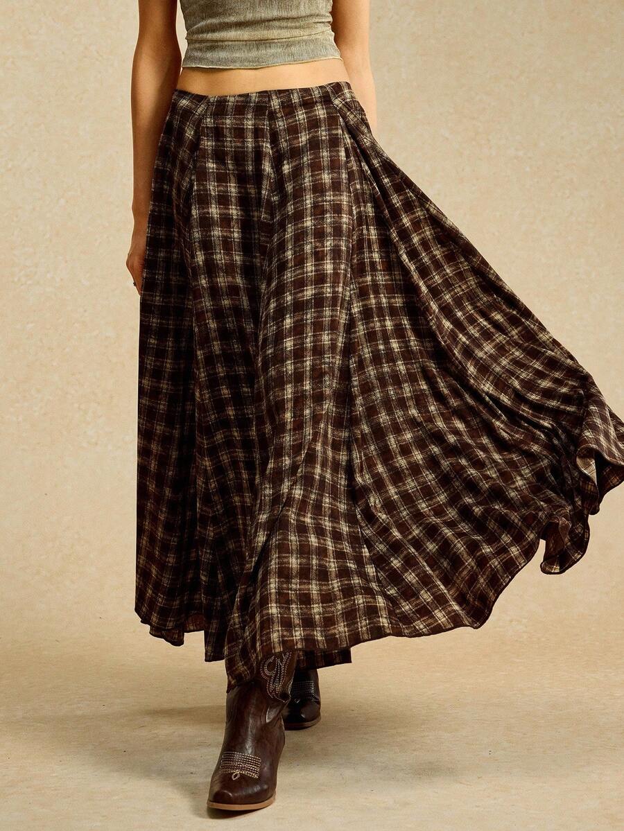 Easelle 女士棕色格子休闲长裙 - 摩卡棕 - 查看 1