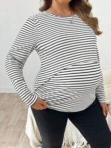 SHEIN 大码孕妇休闲条纹花卉印花哺乳T恤，百搭日常穿着，春秋季