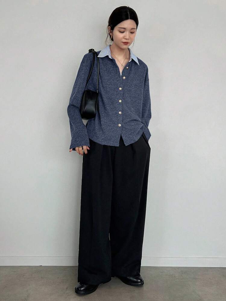 FRIFUL Camiseta casual holgada de mujer con solapa, manga larga, de un solo pecho y con diseño de parches a rayas - Azul Marino - Añade 3