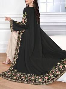 SHEIN Najma 女式花卉植物数码印花长袖休闲阿拉伯长袍，春秋季 - 彩色 - 查看 3