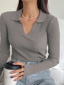 DAZY 女式纯色长袖休闲商务套头衫，秋季 - 灰色 - 查看 2