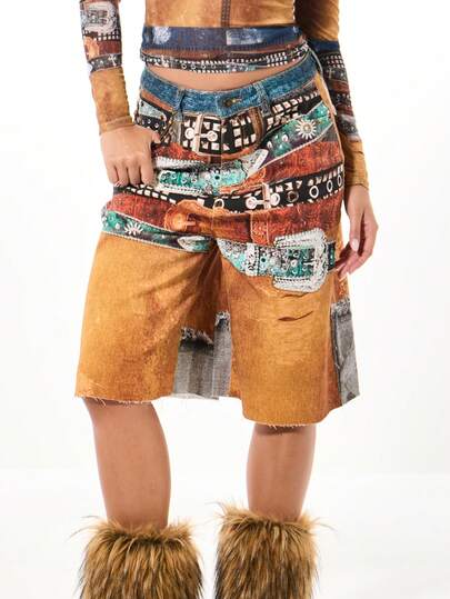 SUMWON WOMEN Distressed Belt Print Denim Longline Jorts Festival Western High Rise Slouchy Wide Leg Knee Length Summer Bermuda Shorts