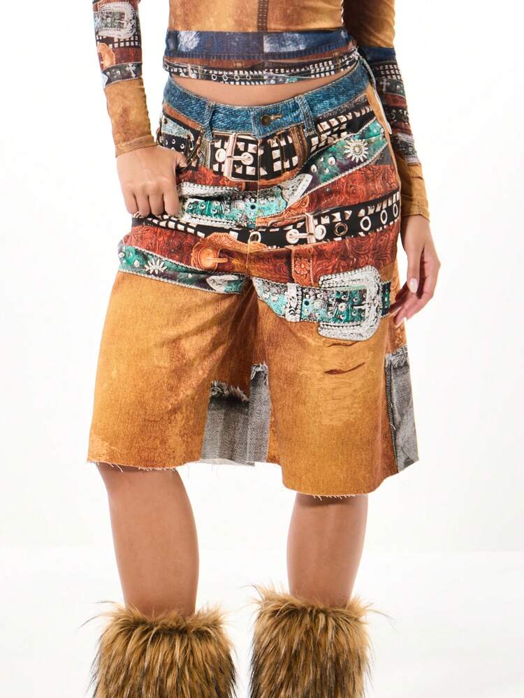 SUMWON WOMEN Belt Print Denim Longline Wide Leg Jorts With Distressed Hem