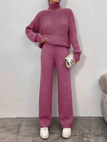 EURMUSE High Neck Drop Shoulder Sweater And Knit Pants Set - Pink - View 4