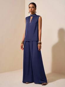 Zivah 2025 Spring/Summer New Music Festival, Easter, St. Patrick's Day, Western, Nomadic, Birthday Party, Graduation, College, Student, Daily Casual, Basic, Leisure, Vacation, Cruise, Beach, Sunbathing, Viral Hit, Streetwear, Wedding Guest Boho, Commute, Brunch, Airport Outfit 2 Pieces Set: Satin-Faced Acetate Linen-Like Mock Neck Ruched Sleeveless Top And Suit Pants - Navy Blue - View 3