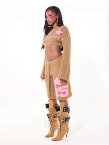 SUMWON WOMEN 蓬松针织毛绒泰迪熊短款上衣星星印花魅力派对休闲舒适冬季节日礼物舒适上衣 - 軍綠色 - 查看 4