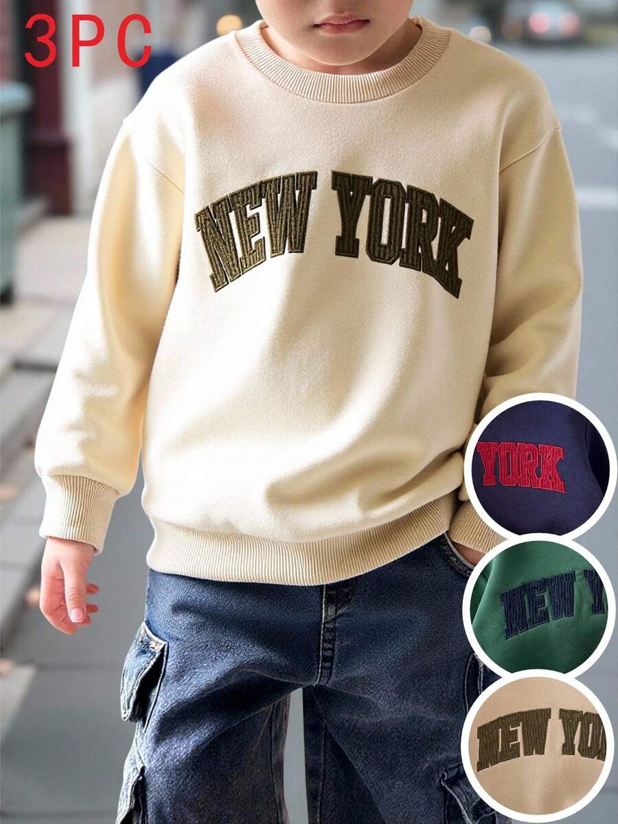 3 Stück/Set Collegestyle Thermo-Sweatshirt Set für Kleine Jungen mit kontrastfarbener, dicker Stickerei-Grafik, bequem & vielseitig, geeignet für Winter und Herbst