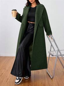 SHEIN Unity Casual Lapel Long Overcoat - Army Green - View 3